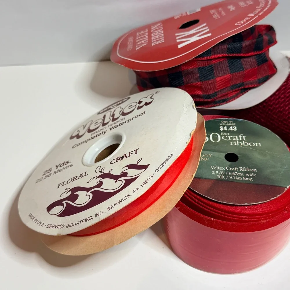 Red Craft‎ Ribbon Lot Buffalo Plaid Burlap Veltex Christmas Holiday DIY 4pc